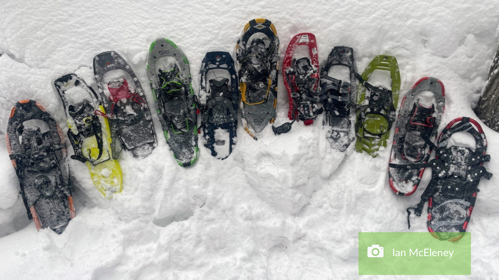 snowshoes lined up in the snow